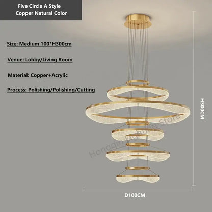 A modern five-tiered pendant light fixture with copper finish and acrylic crystal accents for living room use