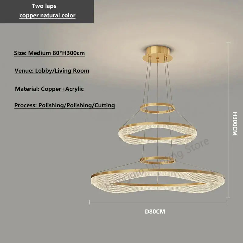 Gold-toned copper pendant light fixture with three tiered circular mesh acrylic rings for modern living room use