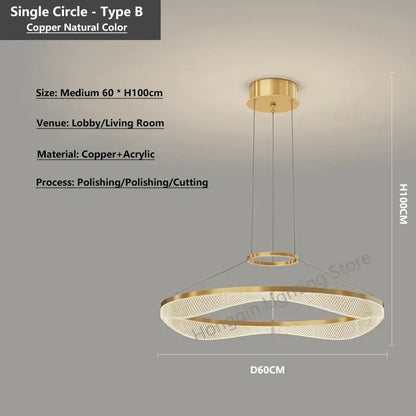 Modern spiral acrylic ring pendant light fixture with gold-toned copper double-ring design for living room use