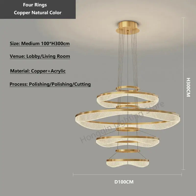Gold-toned copper modern spiral pendant light fixture with four concentric acrylic crystal rings for living room