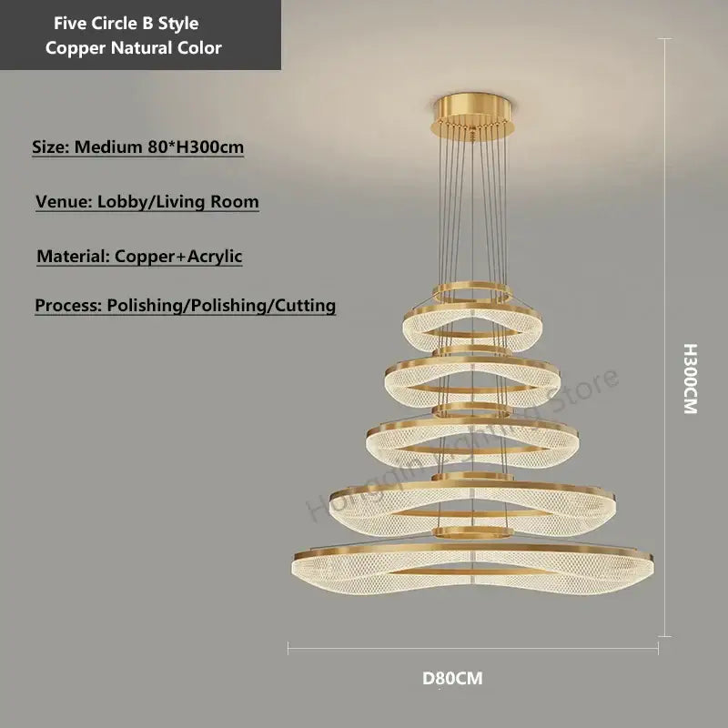 Modern spiral pendant light fixture with five copper rings and acrylic crystal accents for living room