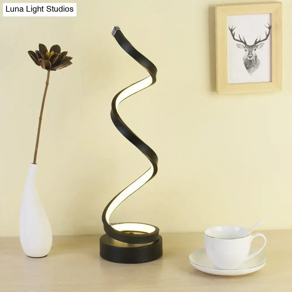 Modern spiral black white gold led table lamp with illuminated inner curve for bedroom task lighting