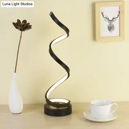 Modern spiral black white gold led table lamp with illuminated inner curve for bedroom task lighting