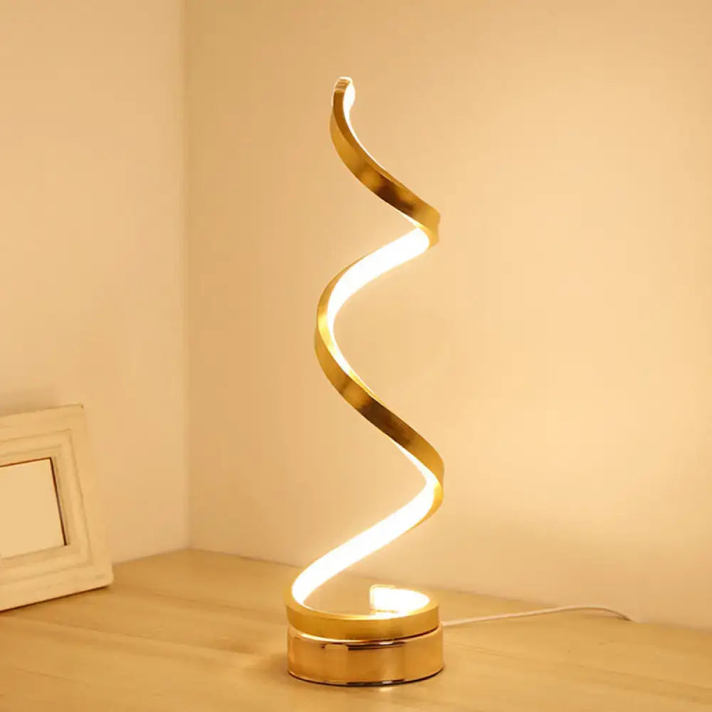 Modern spiral black white gold led table lamp with golden spiral design and warm ambient light for bedroom task lighting
