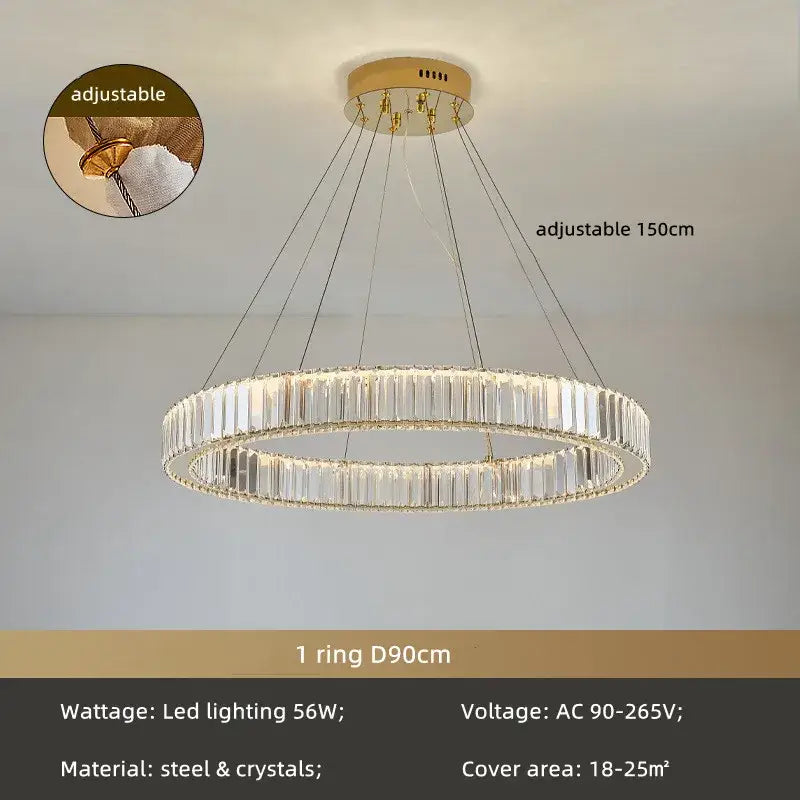 Modern spiral crystal circle led chandelier with clear crystal segments and gold steel base adjustable to 150cm length