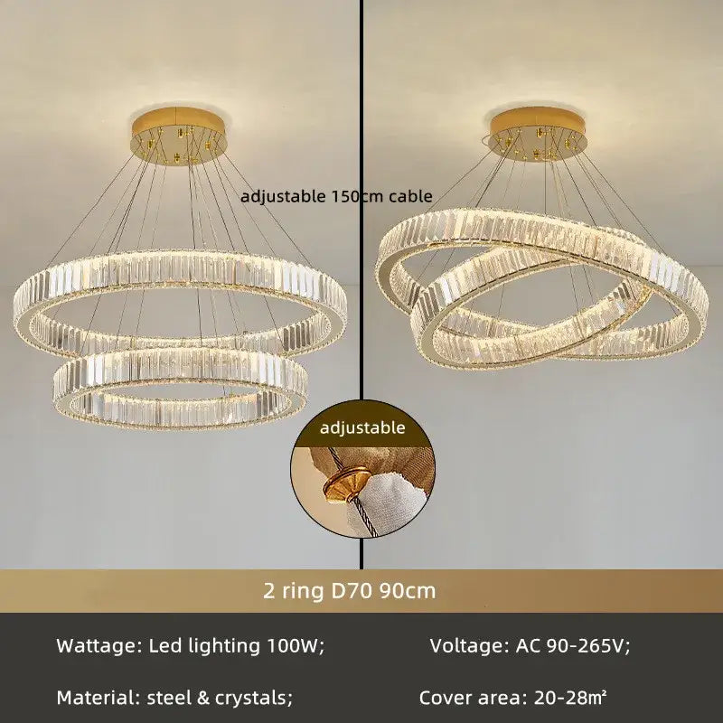 Modern spiral crystal circle led chandelier with clear crystal accents and gold-toned metal frame for decorbites crystal circle decor