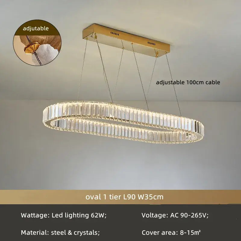Gold-toned oval modern spiral crystal circle LED chandelier with two tiers of clear crystals on steel frame decorbites crystal circle