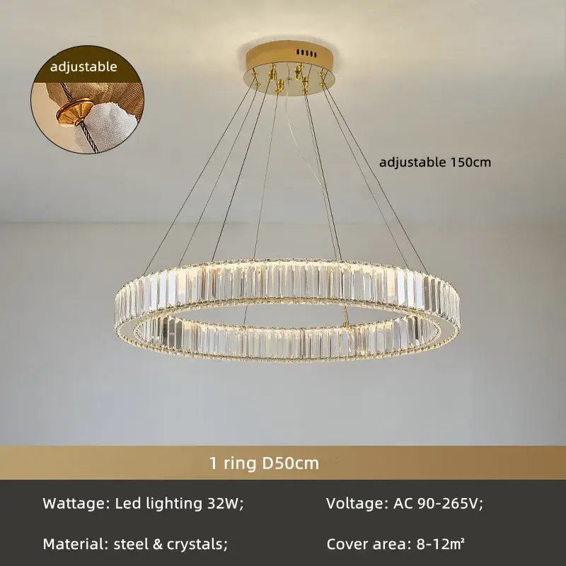 Modern spiral crystal circle led chandelier with double-ring gold steel base and clear crystal segments decorbites crystal circle