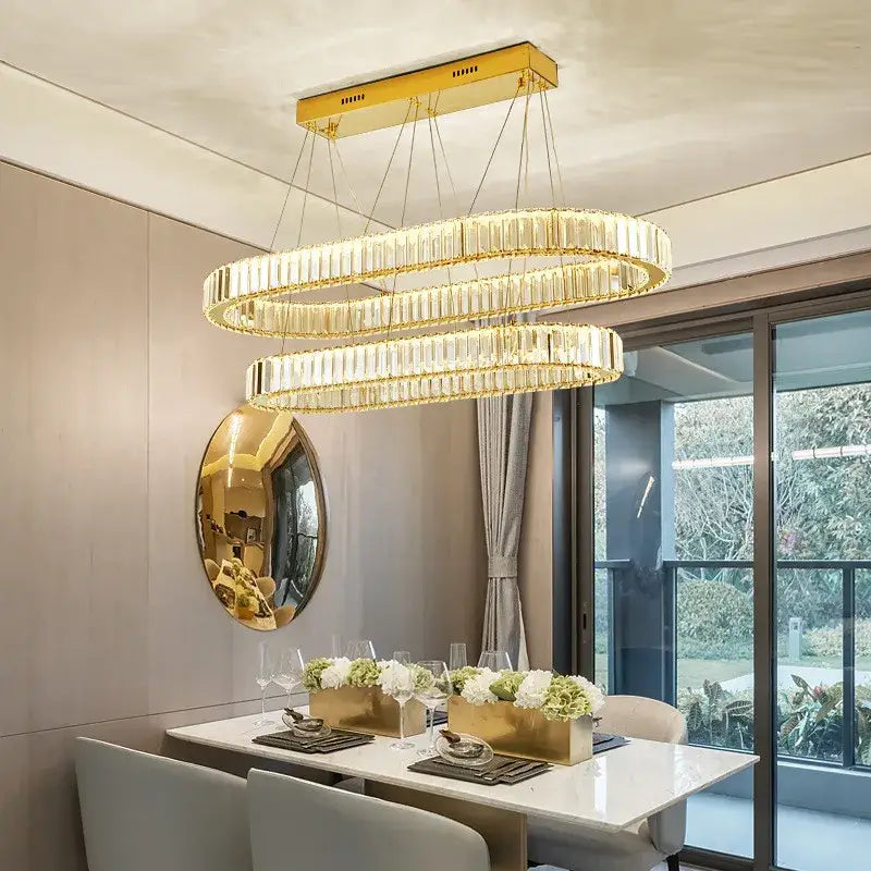 Gold-toned double-ring modern spiral decorbites crystal circle led chandelier with faceted crystal accents for staircase lighting