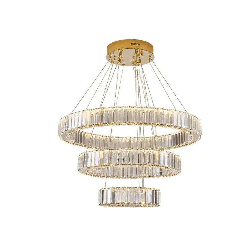 Modern spiral crystal circle led chandelier staircase pendant light with gold tonal rings and clear faceted crystals decorbites crystal circle