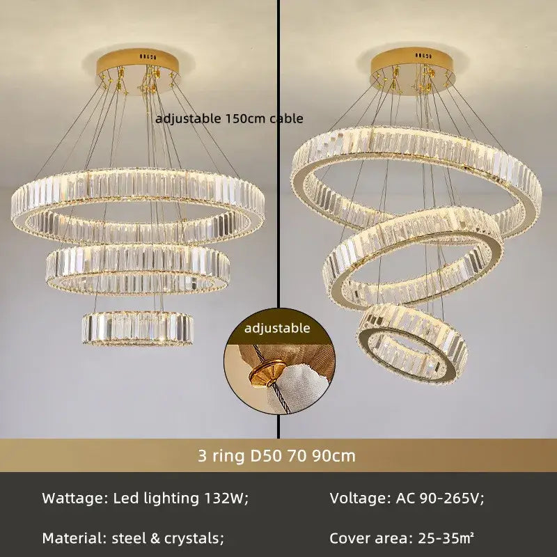 Modern spiral crystal circle led chandelier with three concentric rings clear faceted crystals gold steel frame decorbites crystal circle