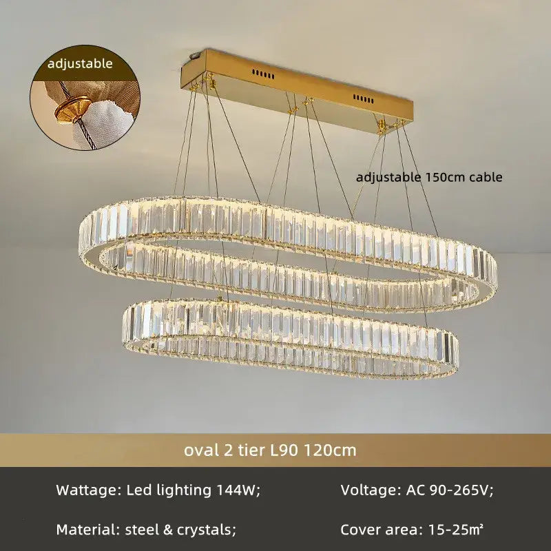 Gold-toned oval two-tier decorbites crystal circle led chandelier with clear crystal rods and adjustable 150cm cable
