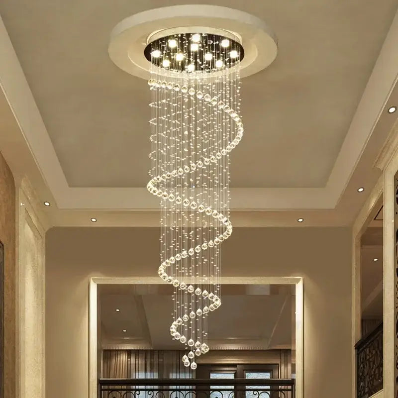 Modern spiral crystal led ceiling chandelier with circular mount and glass bead tiers for living room decorbites crystal led