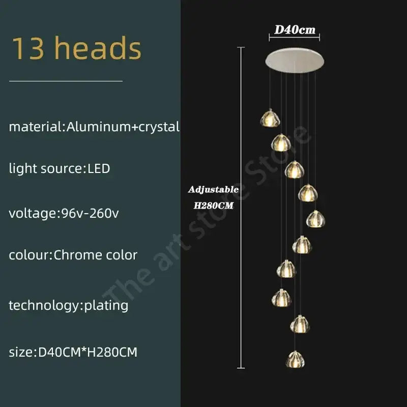 Modern spiral chrome-plated aluminum and crystal led ceiling chandelier with 13 cascading light heads for kitchen decorbites crystal led