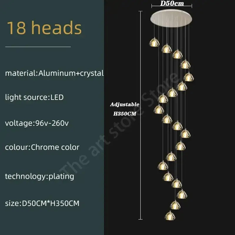 Modern spiral crystal led ceiling chandelier with chrome aluminum finish and 18 cascading light heads for decorbites crystal led use