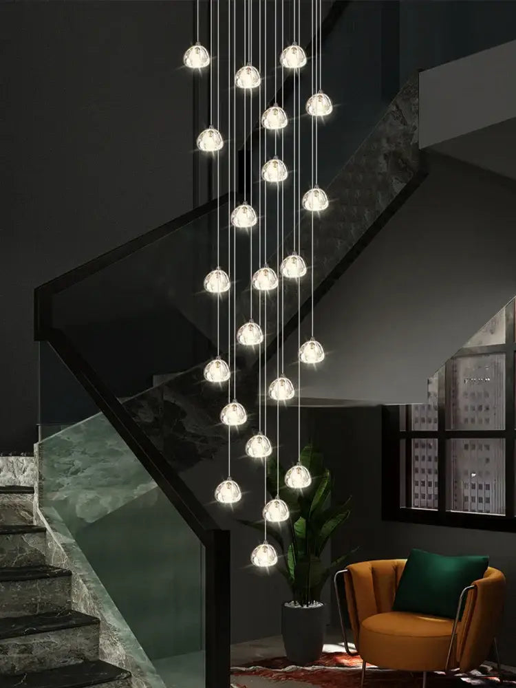 Modern spiral crystal led ceiling chandelier with multiple spherical glass bulbs suspended by thin metallic wires for decorbites crystal led decor