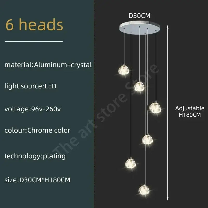 Modern spiral chrome-finished aluminum and crystal led ceiling chandelier with six hanging light heads for decorbites crystal led lighting