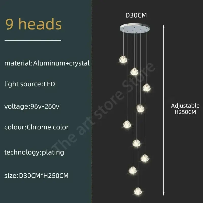 Modern spiral crystal led ceiling chandelier with chrome aluminum and nine hanging light heads for kitchen decorbites crystal led
