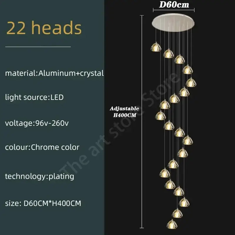 Modern spiral crystal led ceiling chandelier with chrome plated aluminum and 22 light heads for staircase decorbites crystal led