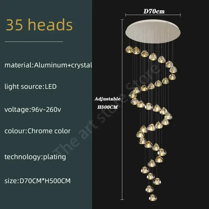 Modern spiral crystal led ceiling chandelier with chrome-finished aluminum and 35 cascading light heads for staircase decorbites crystal led