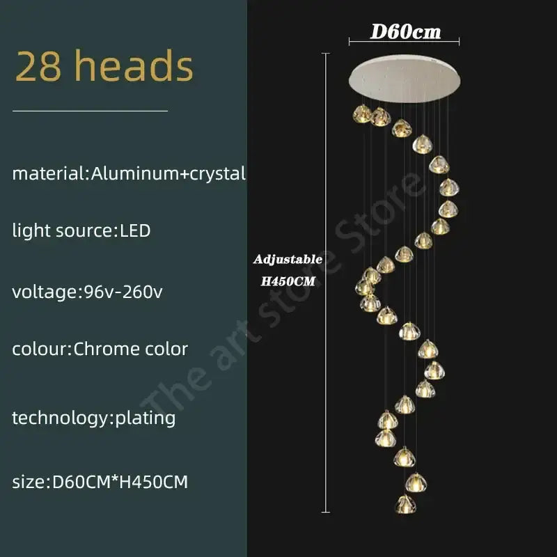 Modern spiral chrome finished aluminum and crystal led ceiling chandelier with 28 faceted light heads for decorbites crystal led lighting