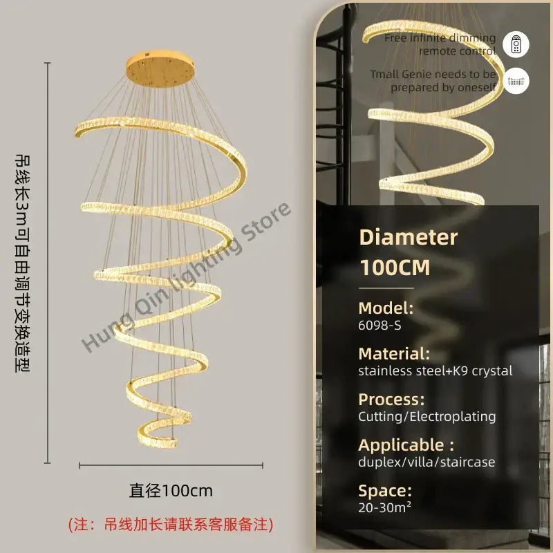 Modern spiral crystal pendant chandelier with k9 crystal and stainless steel for living room decorbites crystal pendant