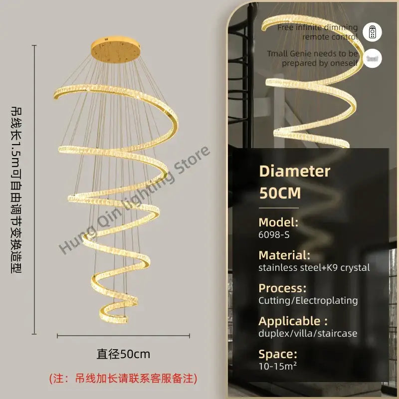 Modern spiral crystal pendant chandelier with golden spiral design featuring k9 crystal and stainless steel for villas by decorbites crystal pendant