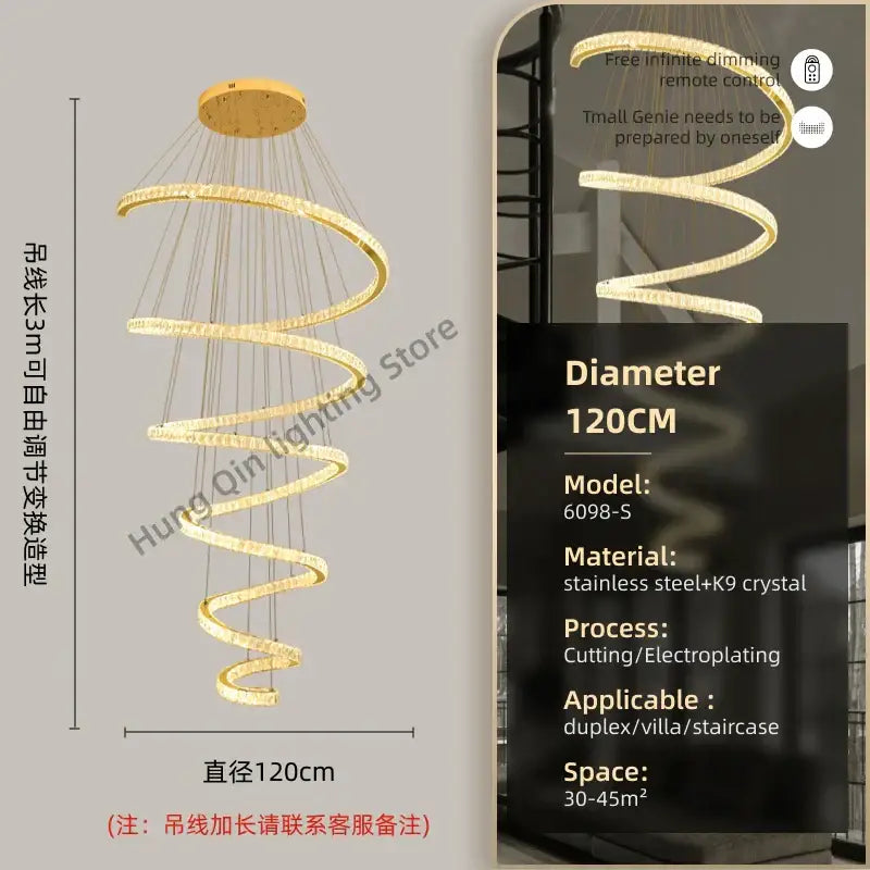 Modern spiral crystal pendant chandelier with golden spiral, k9 crystals, and stainless steel frame for living room decorbites crystal pendant