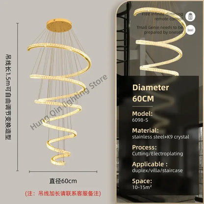 Modern spiral crystal pendant chandelier featuring a golden k9 crystal decorbites crystal pendant for living room lighting