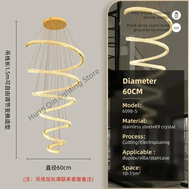 Modern spiral crystal pendant chandelier featuring a golden k9 crystal decorbites crystal pendant for living room lighting