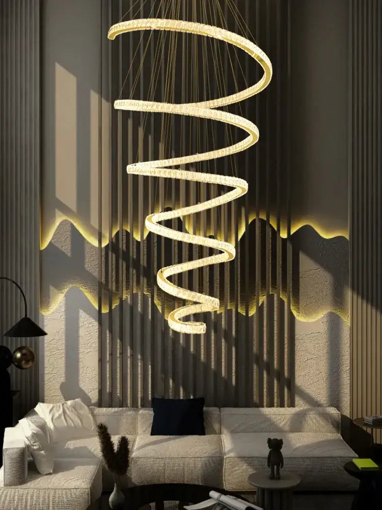 Modern spiral crystal pendant chandelier by decorbites with warm glowing light and elegant curved design for living room lighting