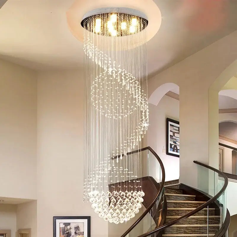 Modern spiral crystal staircase chandelier with cascading clear glass beads and faceted crystals by decorbites crystal