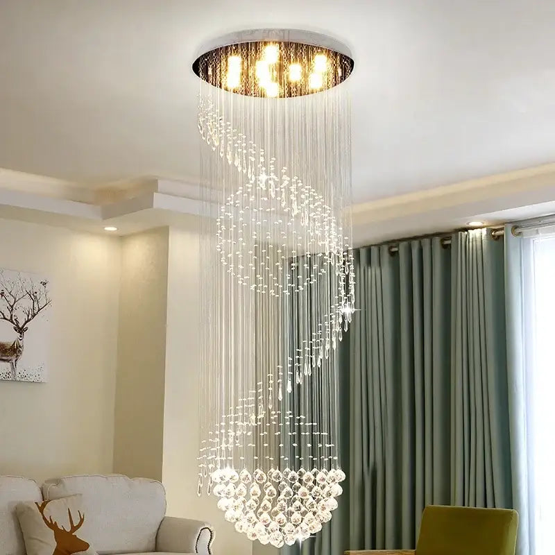 Modern spiral crystal staircase chandelier with cascading droplets and sleek metallic frame for living room decorbites crystal staircase