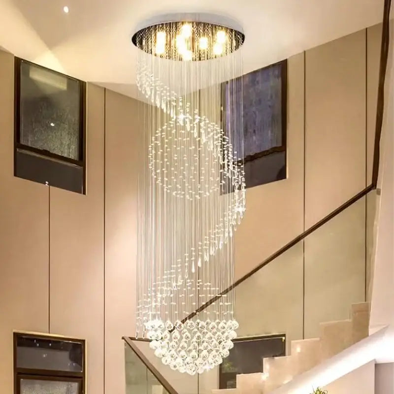 Modern spiral crystal staircase chandelier with cascading crystal strands and circular ceiling fixture for living room decorbites crystal staircase