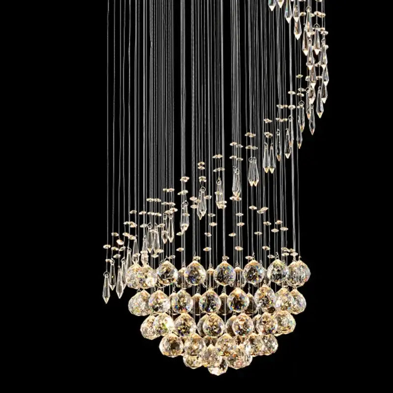 Modern spiral crystal staircase chandelier with cascading clear and golden faceted crystals for decorbites crystal staircase