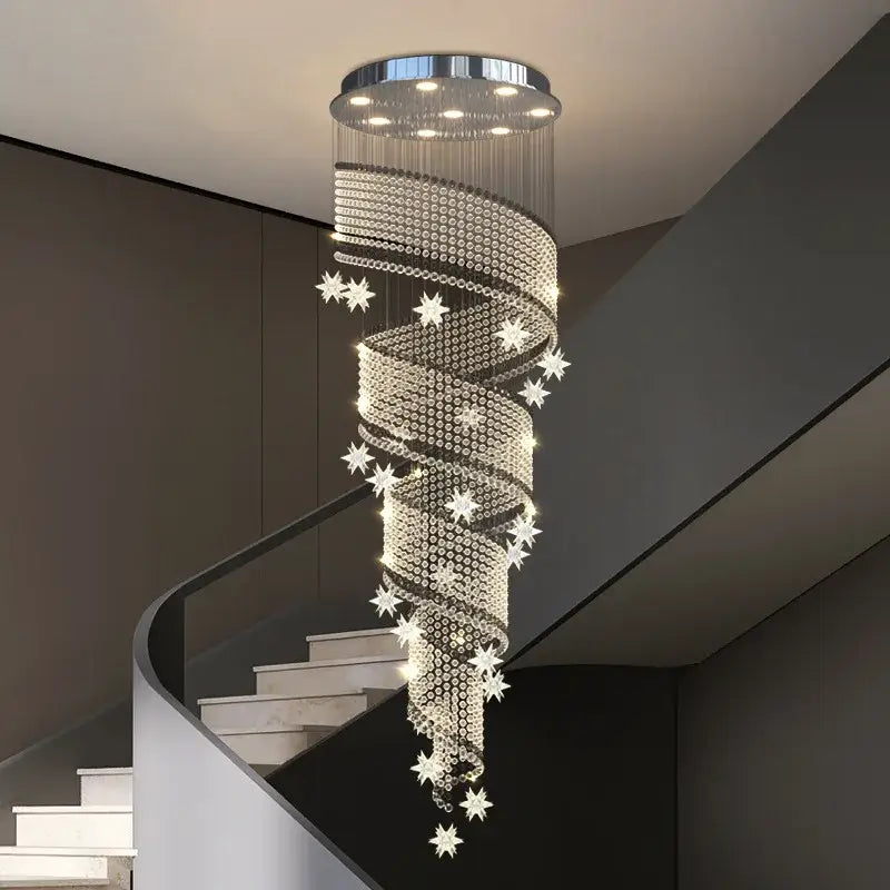 Modern spiral crystal star led chandelier with sparkling crystal beads chrome top for living room decorbites crystal star