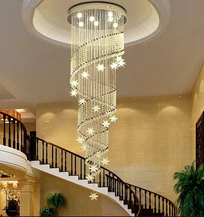 Modern spiral crystal star led chandelier with cascading crystal strands and star ornaments for living room decorbites crystal star