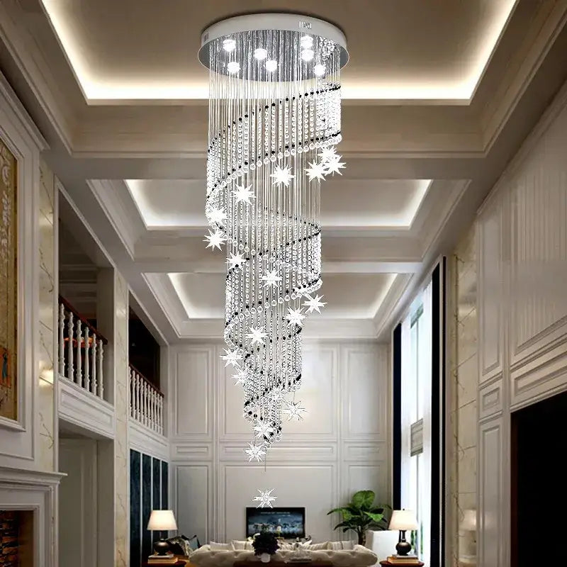 A modern spiral crystal star led chandelier with cascading crystal strands and star accents for living room decorbites crystal star