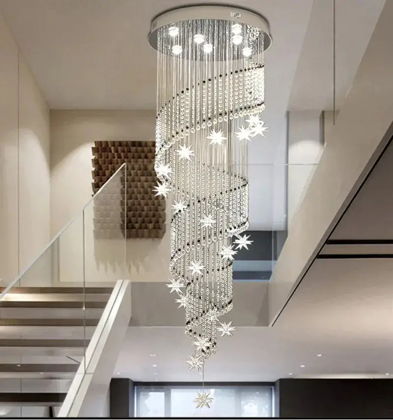 Modern spiral crystal star led chandelier with cascading crystal strands and chrome finish for living room decorbites crystal star