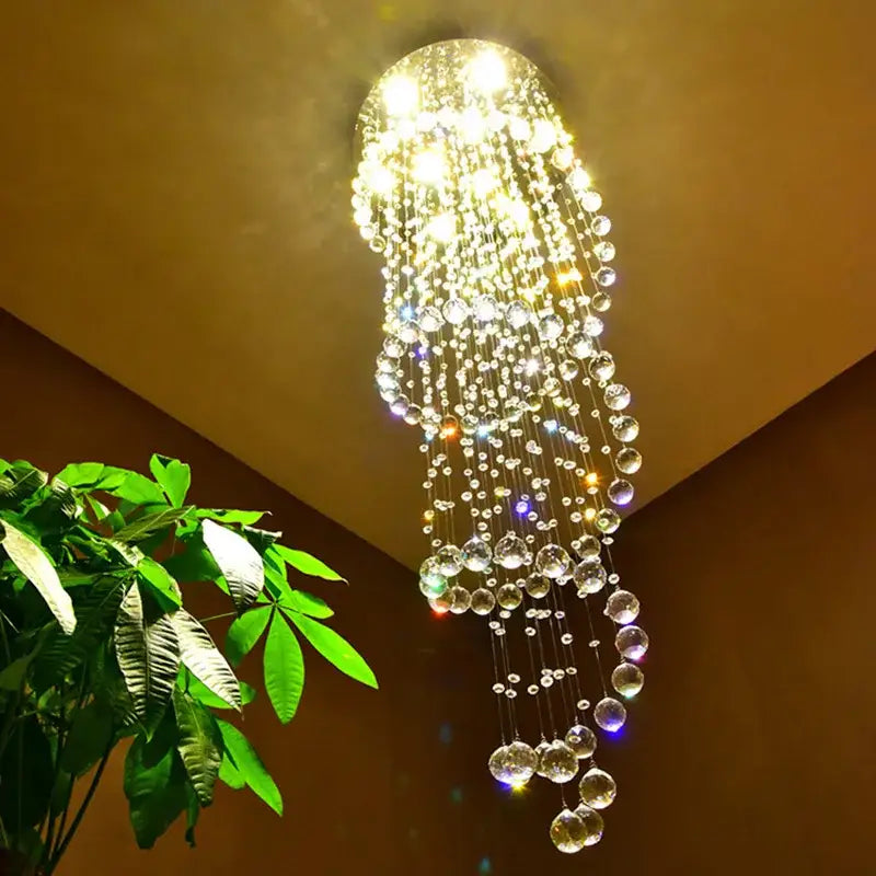 Modern spiral decorbites crystal chandelier with cascading clear glass spheres and warm led lights for living room staircase