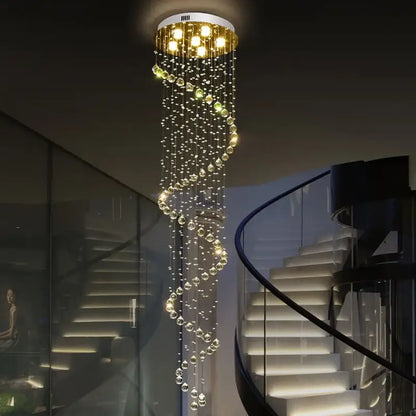 Modern spiral decorbites crystal chandelier with gold-tone frame and clear crystal beads for living room staircase lighting