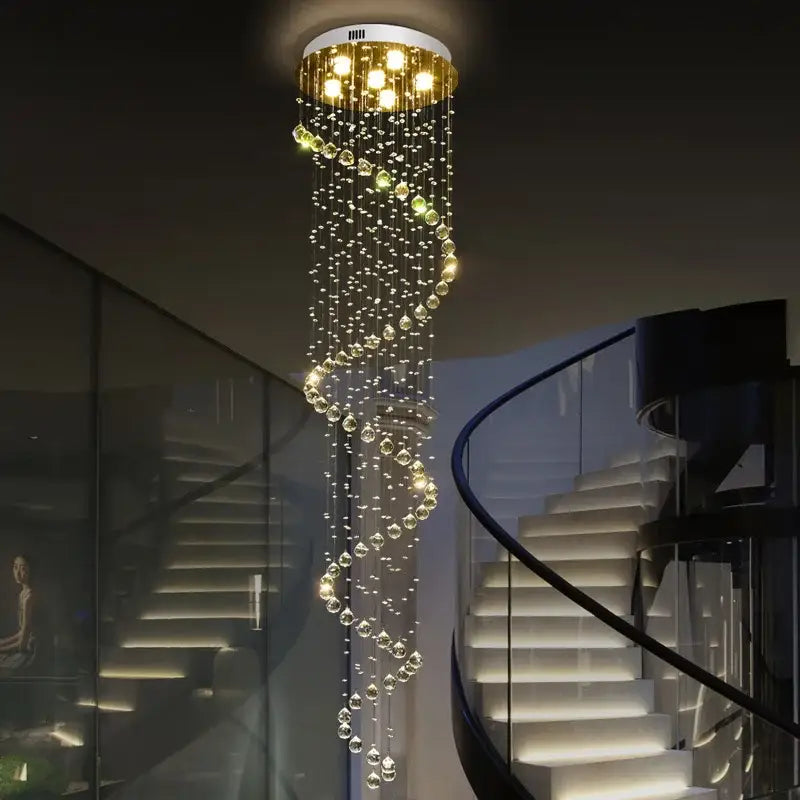 Modern spiral decorbites crystal chandelier with gold-tone frame and clear crystal beads for living room staircase lighting