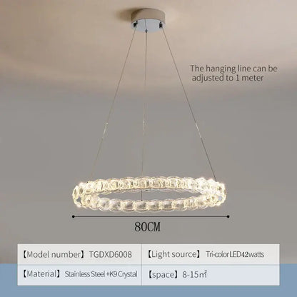 Modern spiral interlocking decorbites crystal chandelier with clear beads stainless steel frame and tri-color led lighting