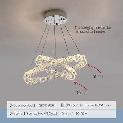 Modern spiral decorbites crystal chandelier with interlocking crystal rings and stainless steel frame for living room