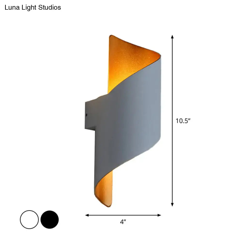 Modern spiral white and gold wall sconce with sleek gray exterior and warm gold interior direct wired electric lighting