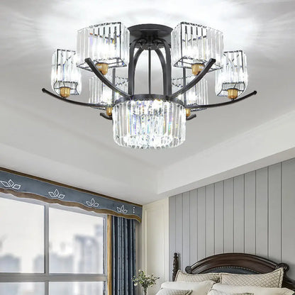DecorBites™ DecorBites™ Modern Sputnik Crystal Block Flush Light Fixture - 9/12 Head Semi Flush Mount in Black