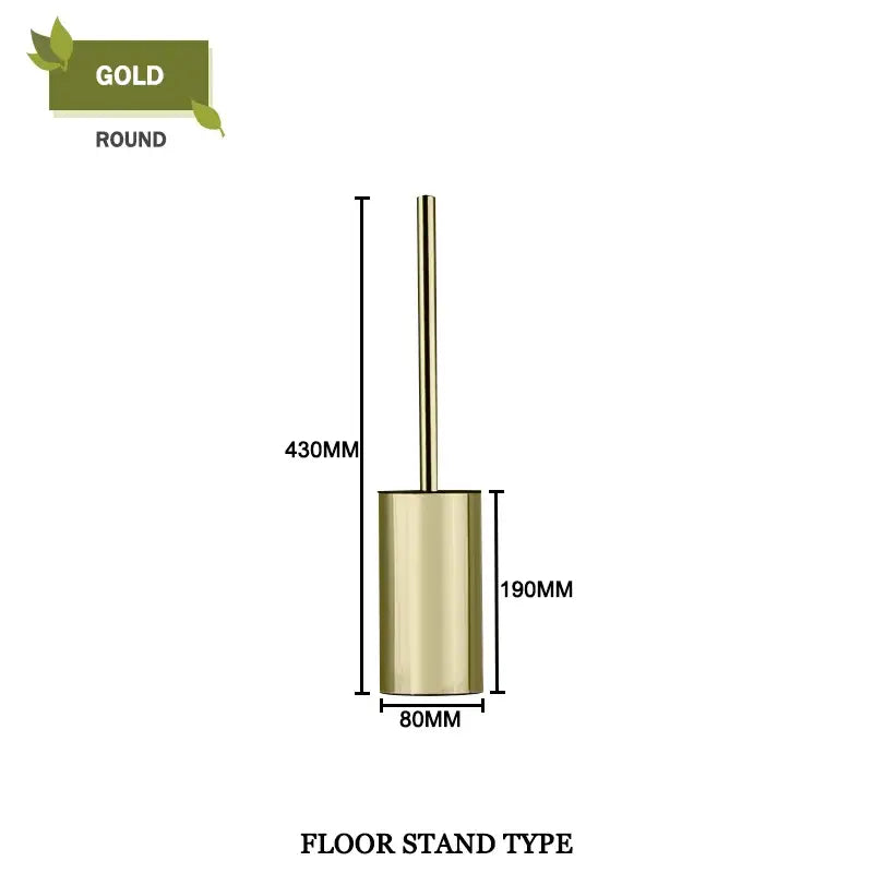 Gold-colored round floor stand toilet brush holder with sleek metallic finish in modern square and round toilet brush set