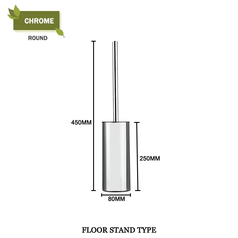 Chrome-finished round floor stand toilet brush set with sleek cylindrical design and matching handle for bathroom use