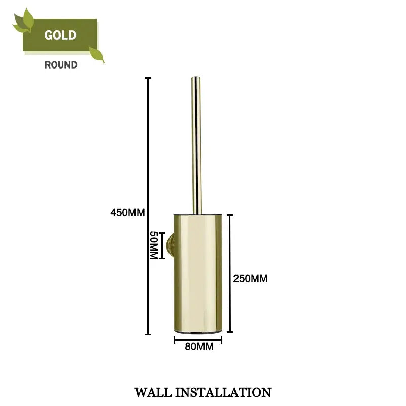 Modern round gold toilet brush holder with sleek metallic finish and integrated handle for wall-mounted brush set