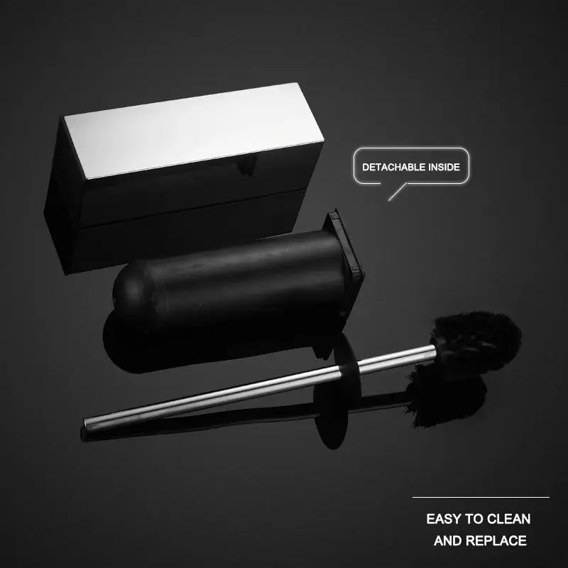 Modern square and round gold toilet brush set with black bristle brush and chrome storage case for bathroom wall mount